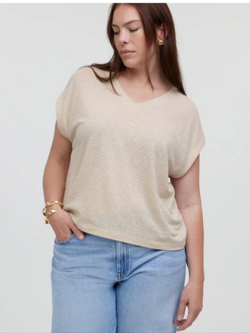 Madewell Cream and Beige Striped V-Neck Boxy Sleeveless Top